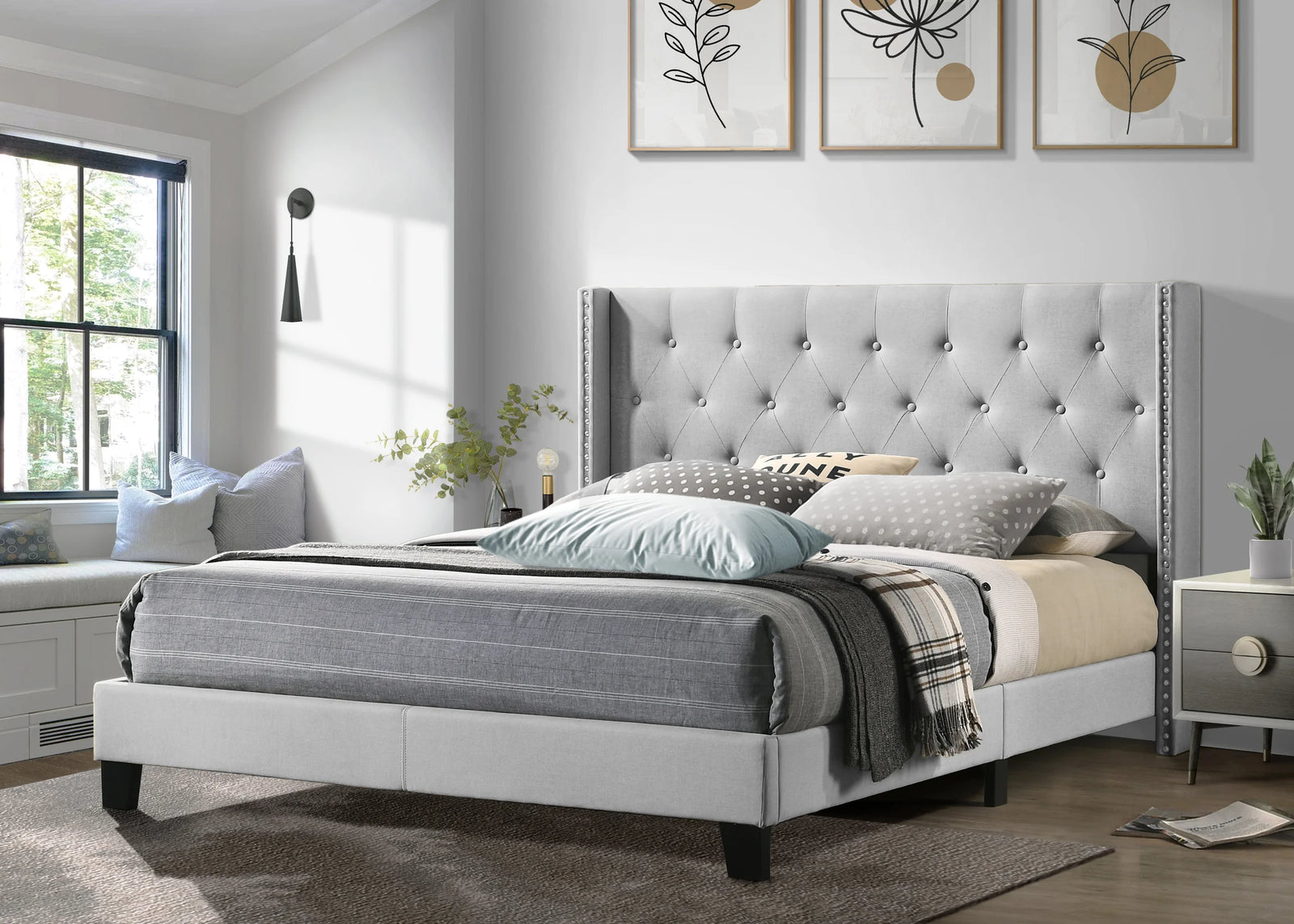 Hikaru Gray Upholstered Tufted Platform King Bed