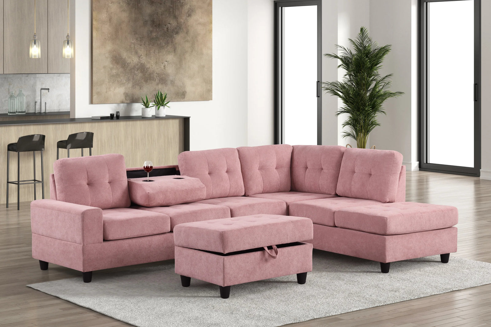 Heights Pink Reversible Sectional + Ottoman