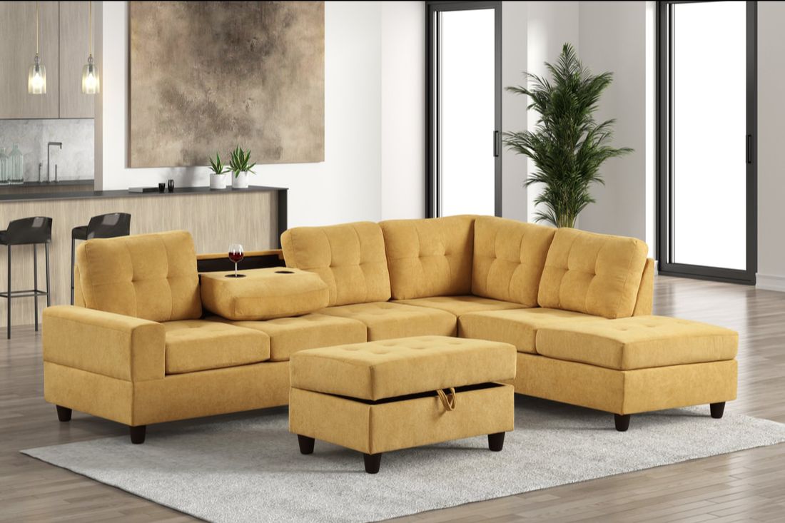 Heights Mustard Reversible Sectional + Ottoman