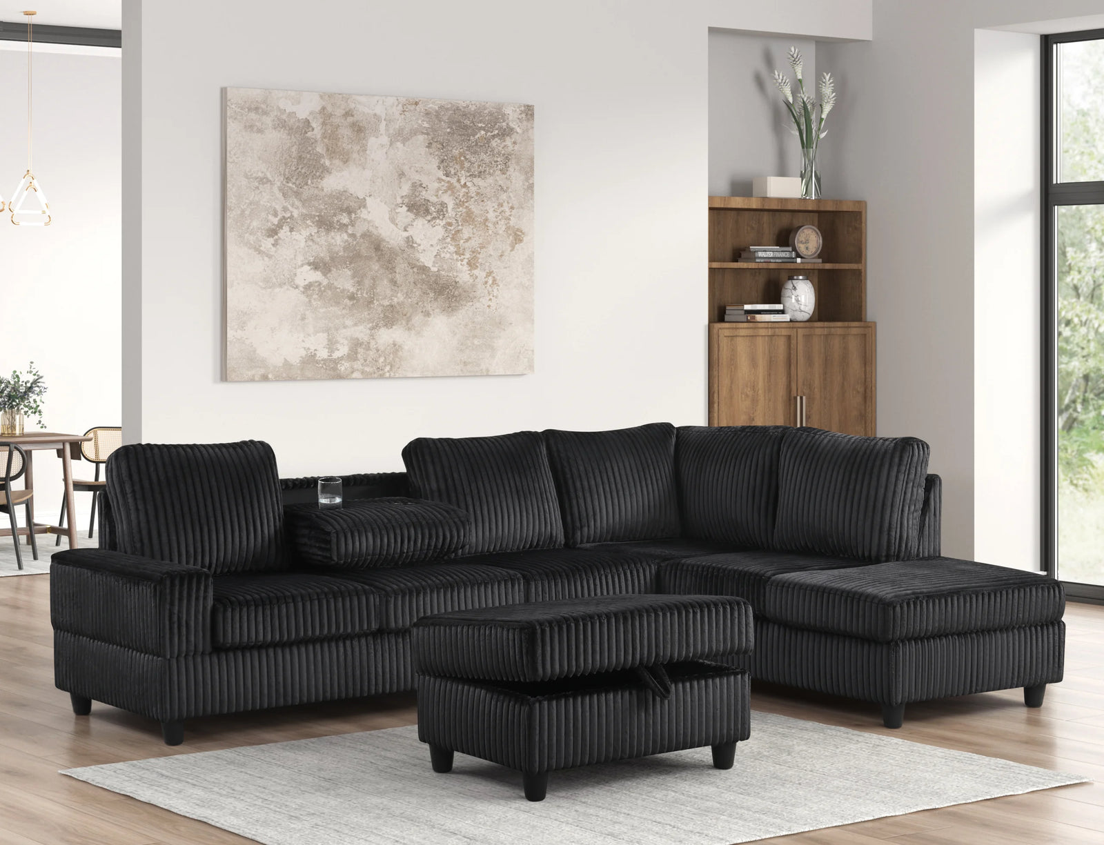 Heights Black Cord Fabric Reversible Sectional + Ottoman