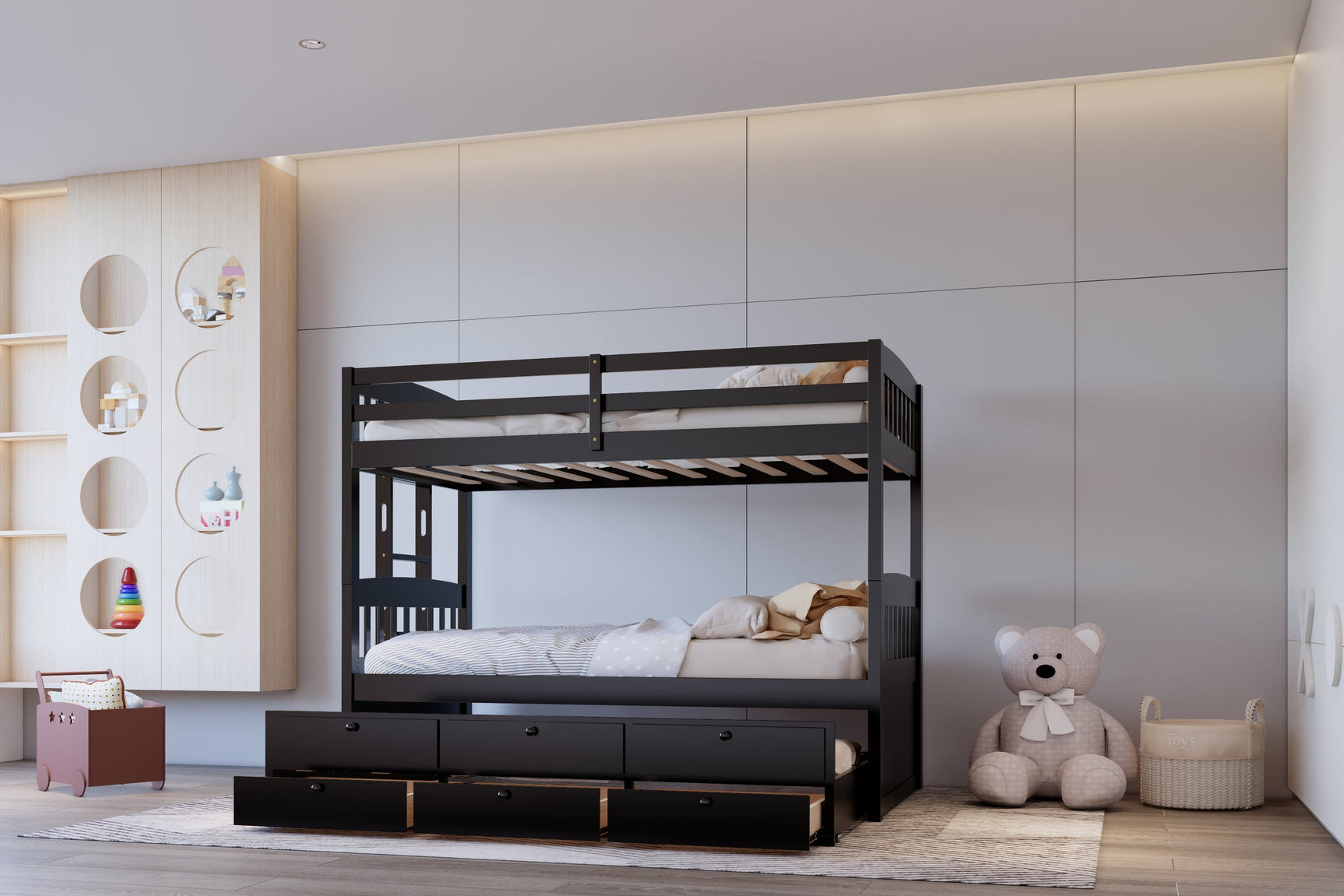 Babylon Black Twin over Twin Bunk Bed w Twin Trundle + 3 Drawers