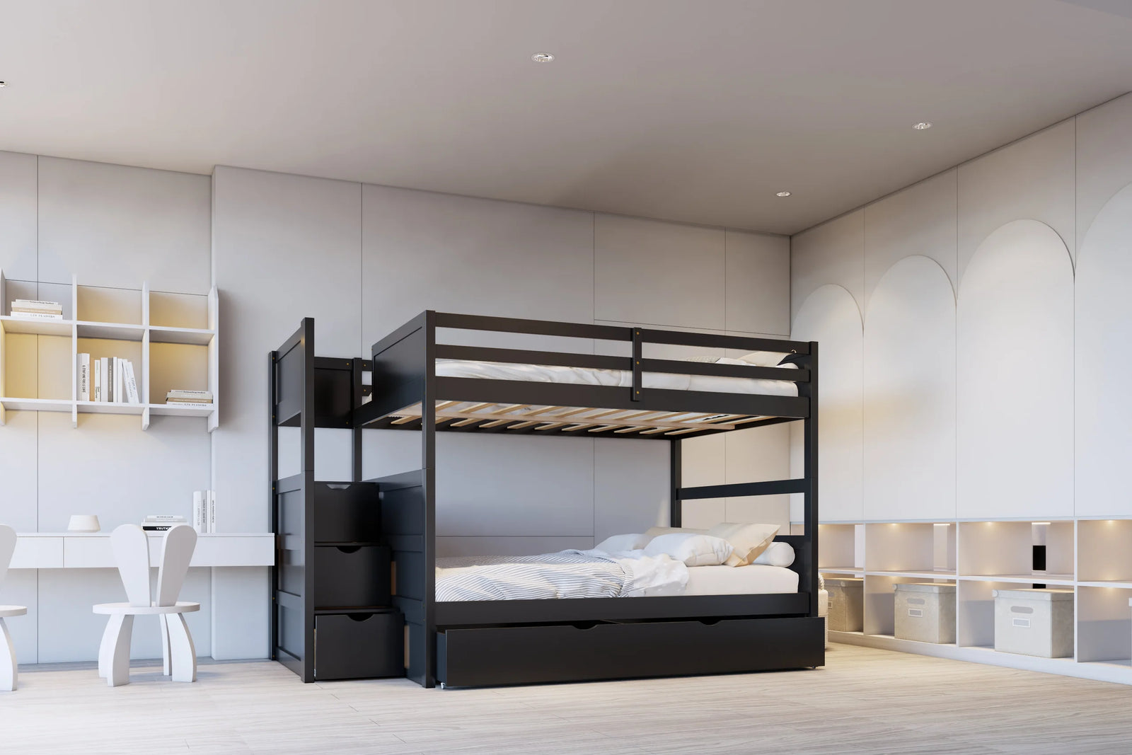 Babylon Black Full/Full Bunk Bed w Twin Trundle + Staircase Storage