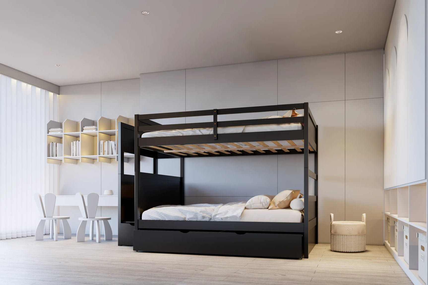 Babylon Black Full/Full Bunk Bed w Twin Trundle + Staircase Storage