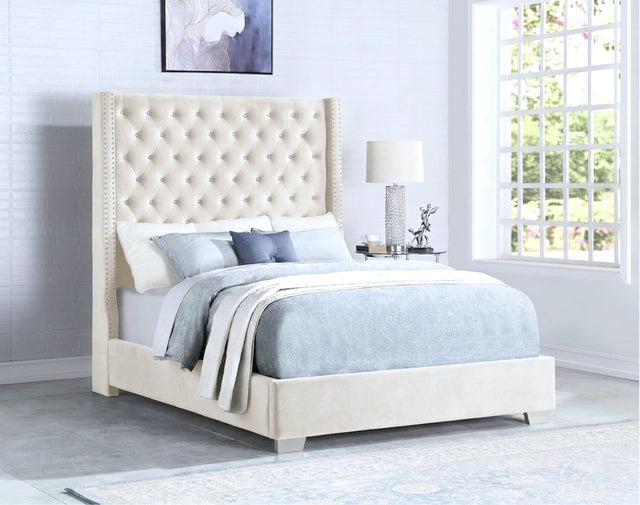 Alopa Cream Velvet 6Ft Tall Upholstered Tufted Platform Queen Bed from Ella Furniture