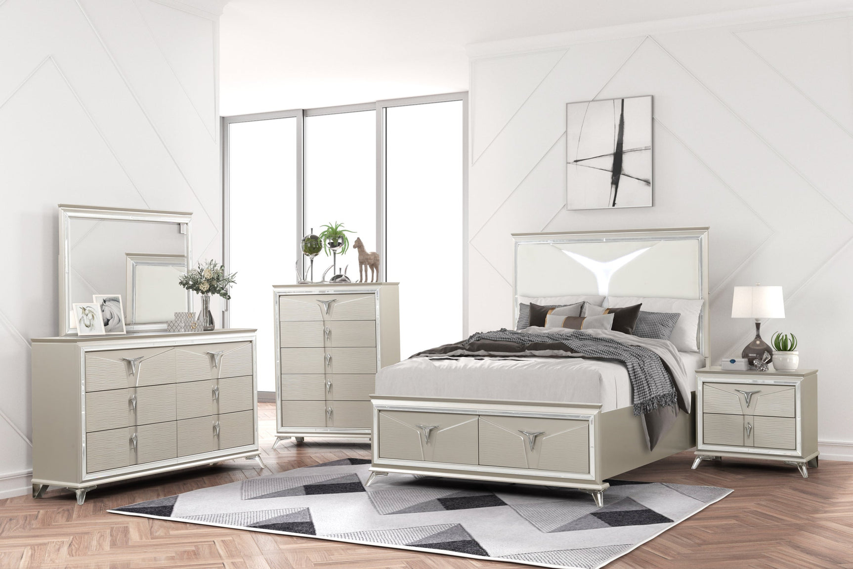 Master Champagne Upholstered LED Storage Platform Bedroom Set