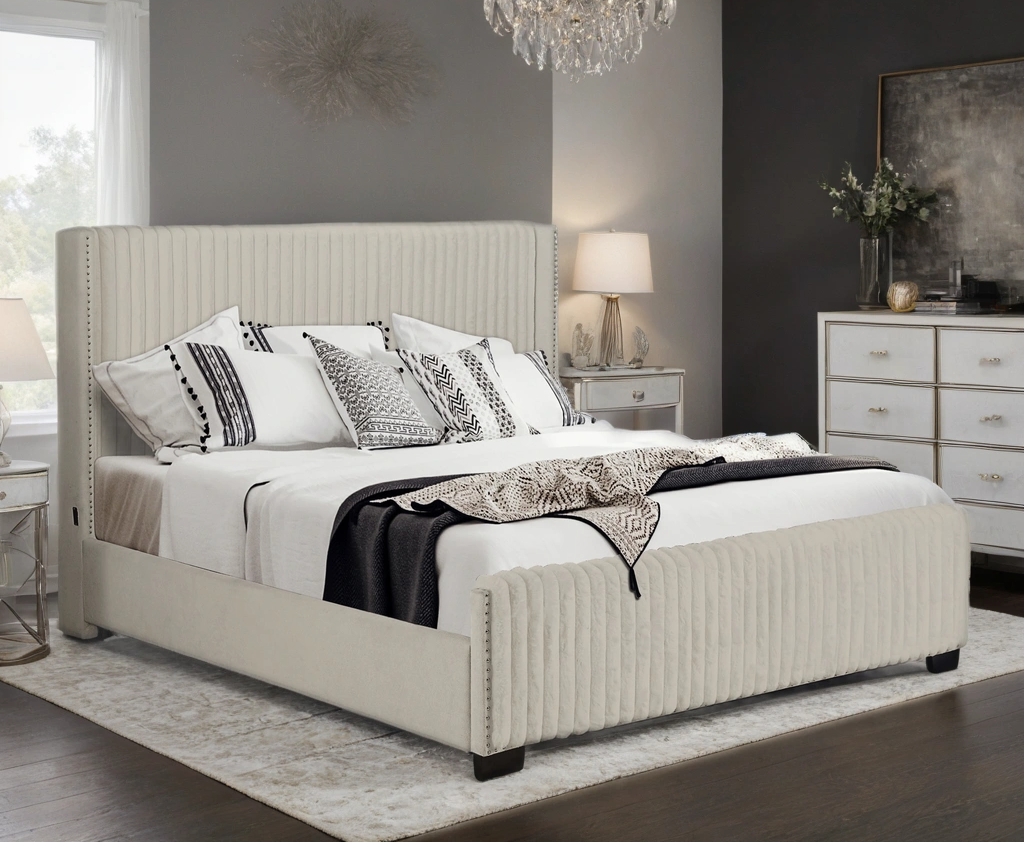 Harry Beige Upholstered USB Panel King Bed