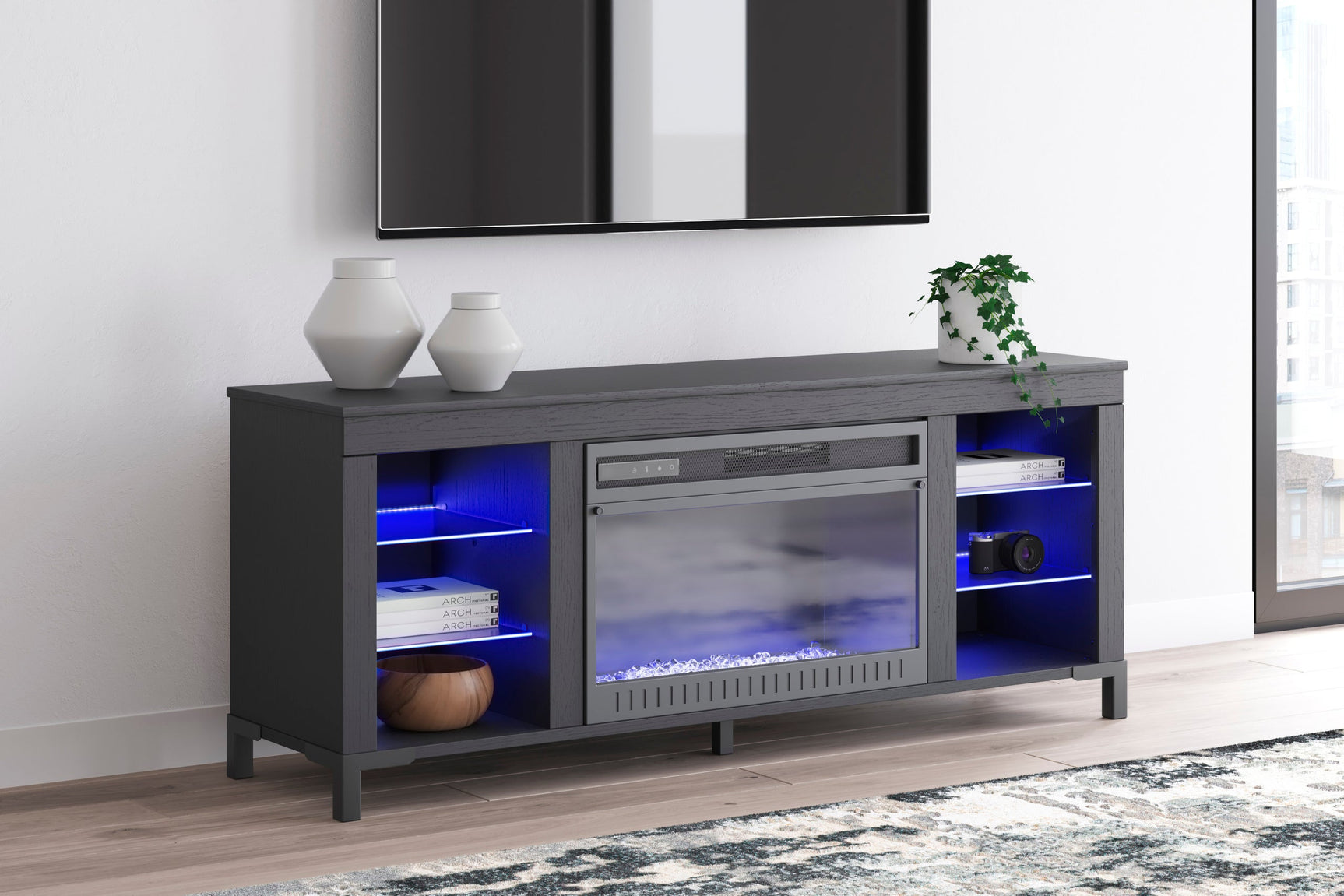 W2721-168 Black TV Stand w Fireplace 59"L LED Lights