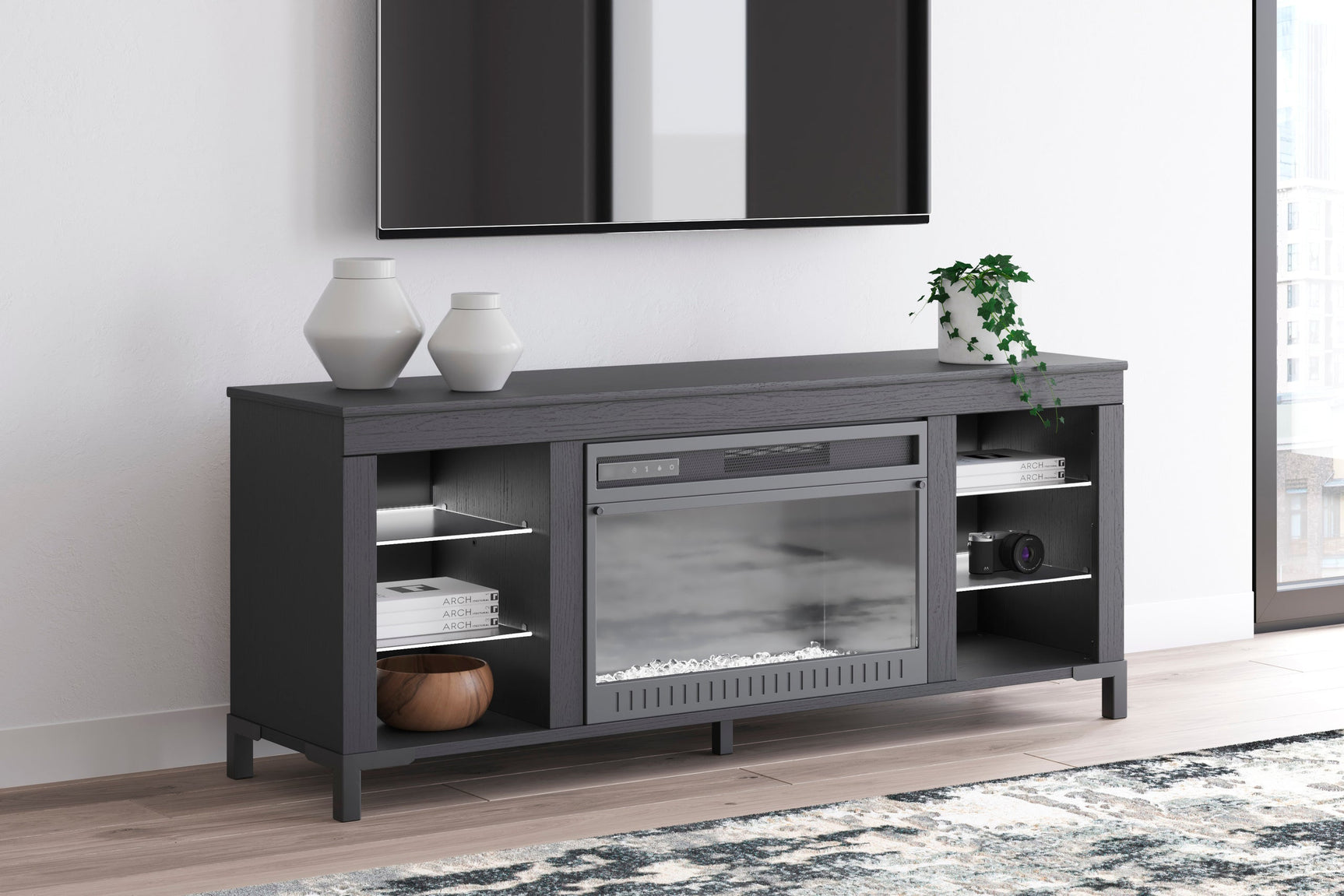 W2721-168 Black TV Stand w Fireplace 59"L LED Lights
