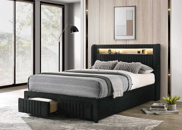 Cupid Black Upholstered LED Storage Platform Full Bed