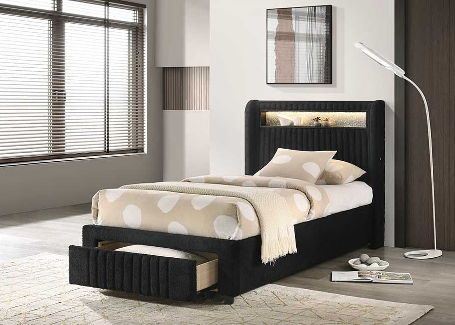 Cupid Black Upholstered LED Storage Platform Twin Bed