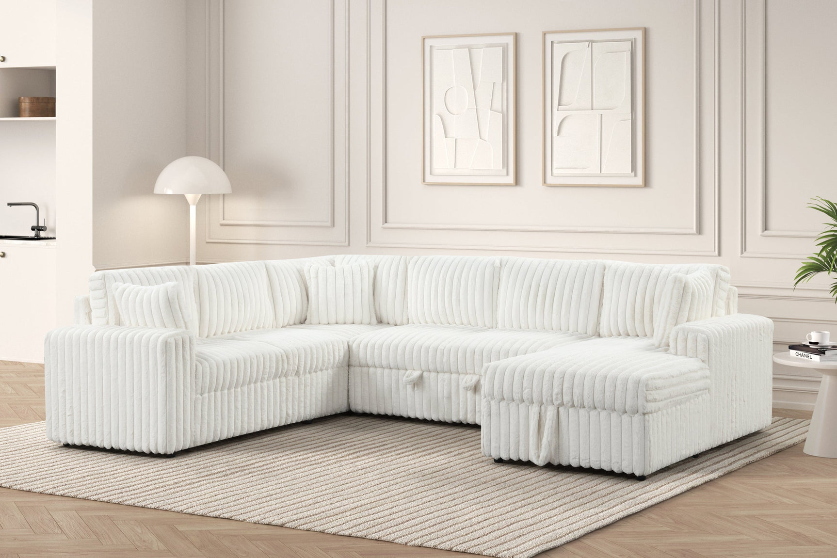 Forever Beige Fabric Sectional With Pull-Out Bed