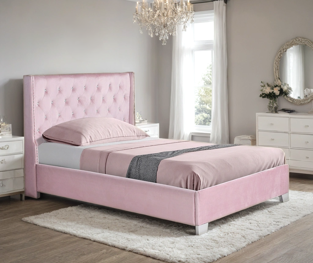 Diamond Pink Velvet Upholstered Panel Full Bed