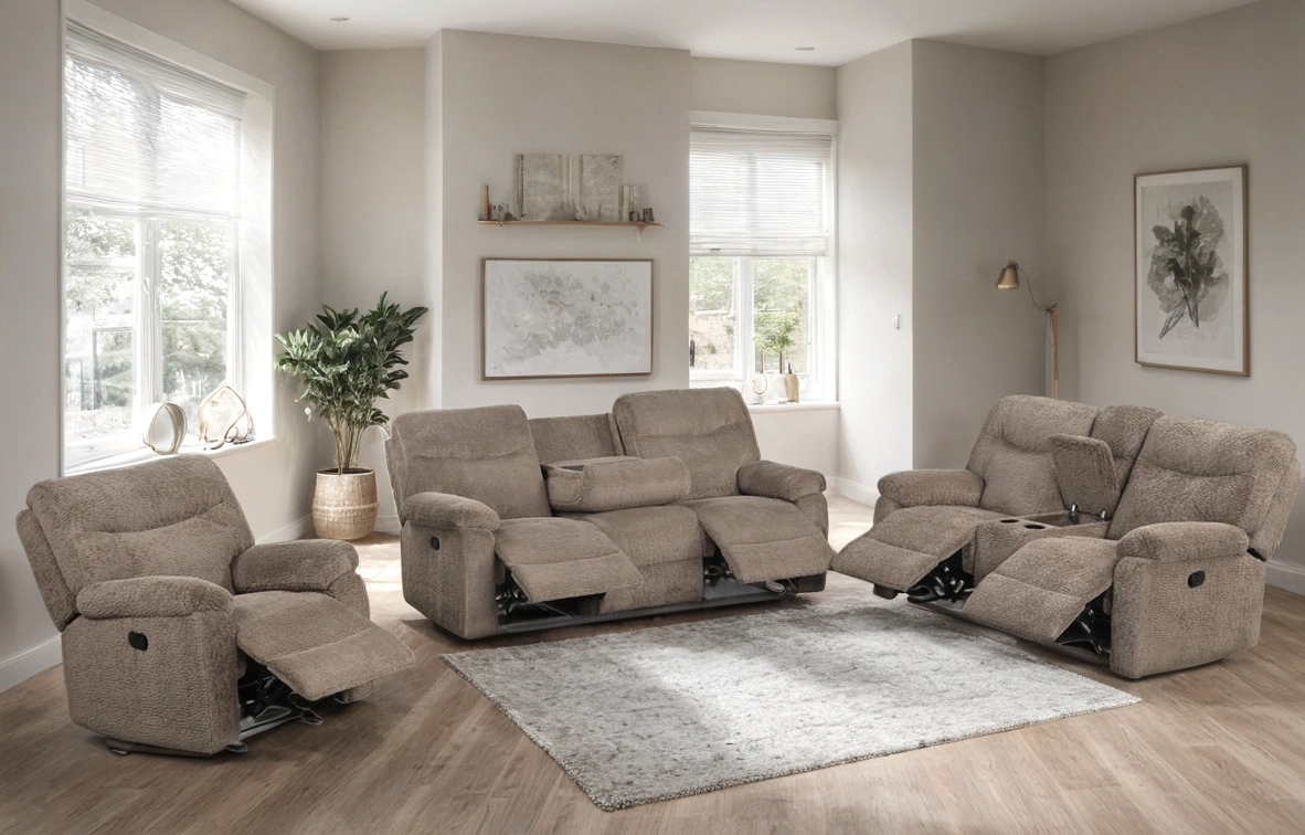 Bravo Mocha Teddy Bear Fabric 3-Piece Reclining Set