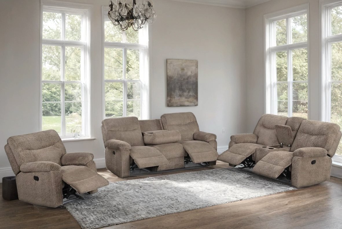 Bravo Mocha Teddy Bear Fabric 3-Piece Reclining Set