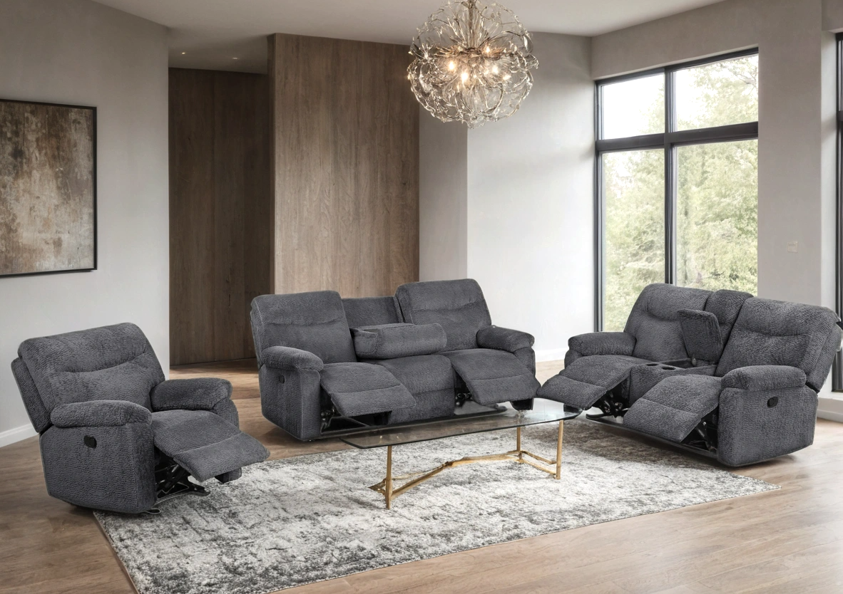 Bravo Dark Gray Teddy Bear Fabric 3-Piece Reclining Set