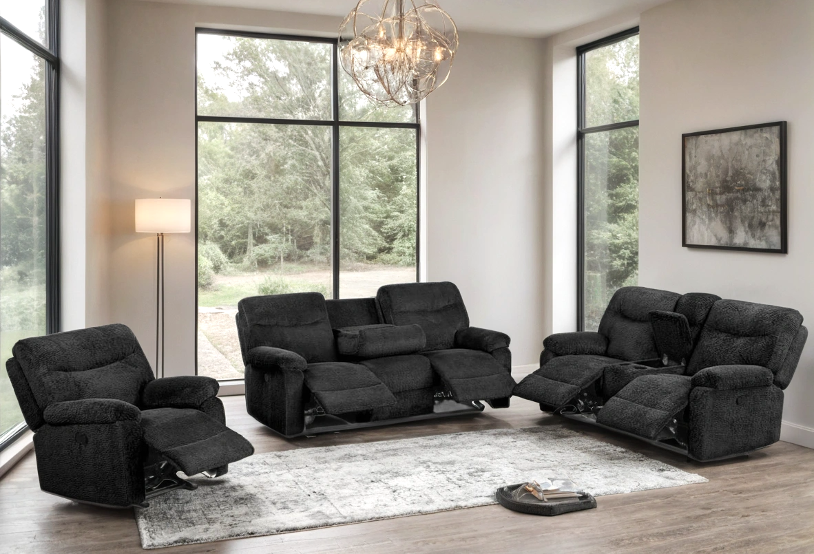Bravo Black Teddy Bear Fabric 3-Piece Reclining Set