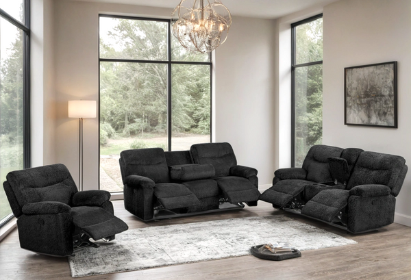 Bravo Black Teddy Bear Fabric 3-Piece Reclining Set