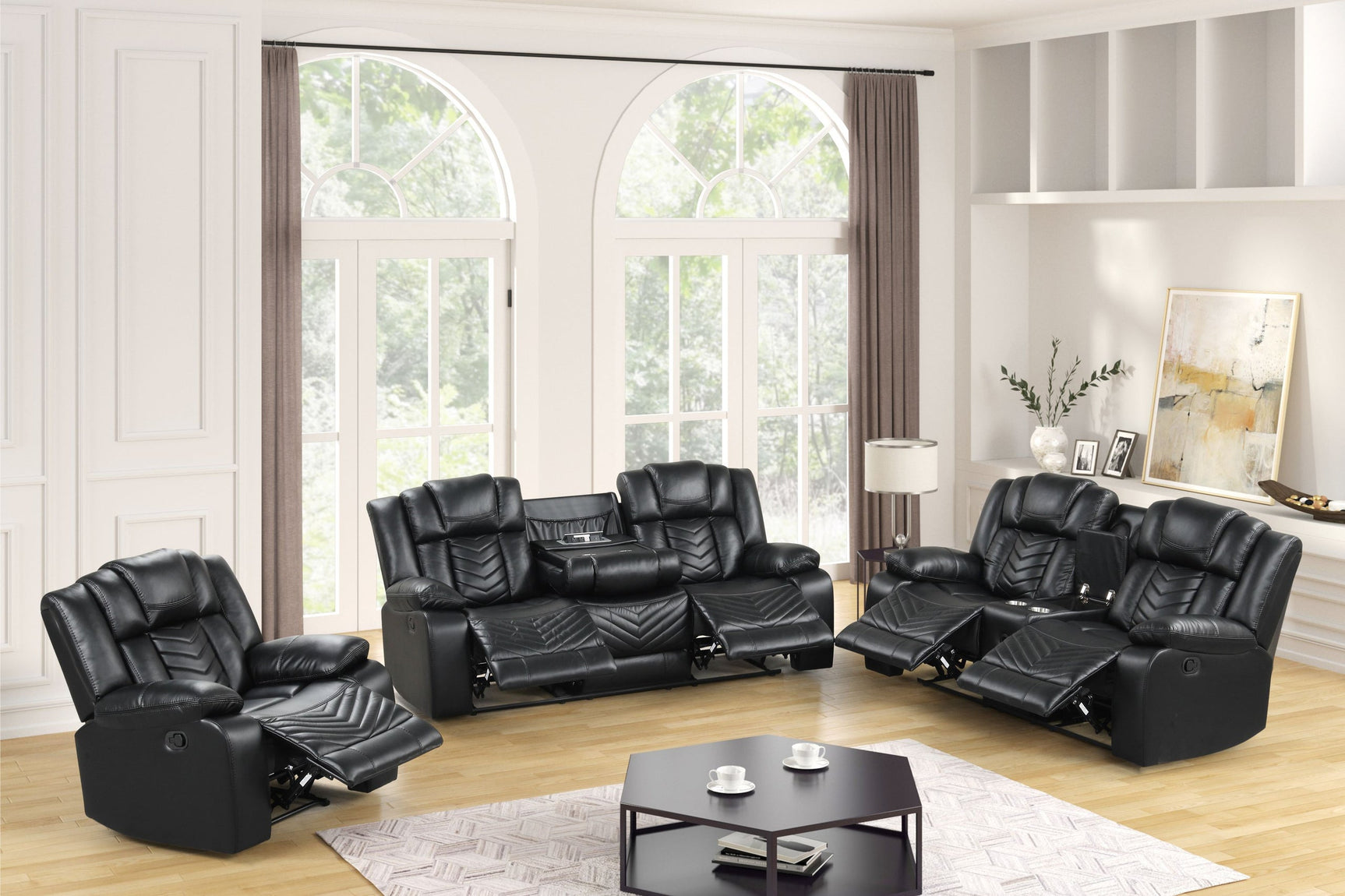 Ace Black Leather Gel 3-Piece Reclining Set
