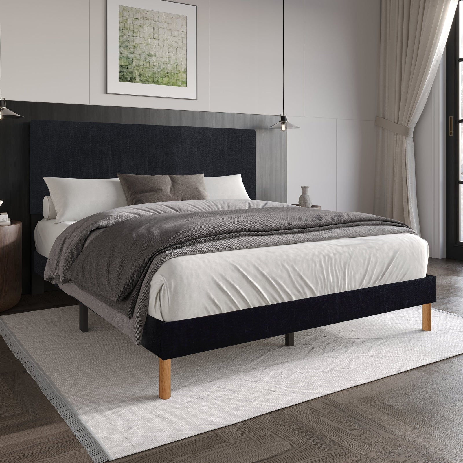 Harry Black Upholstered Platform Queen Bed