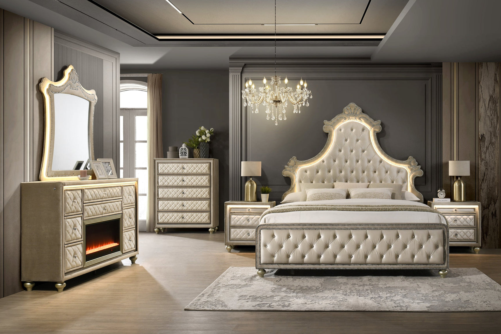 Majesty Beige Upholstered Tufted LED Panel Bedroom Set