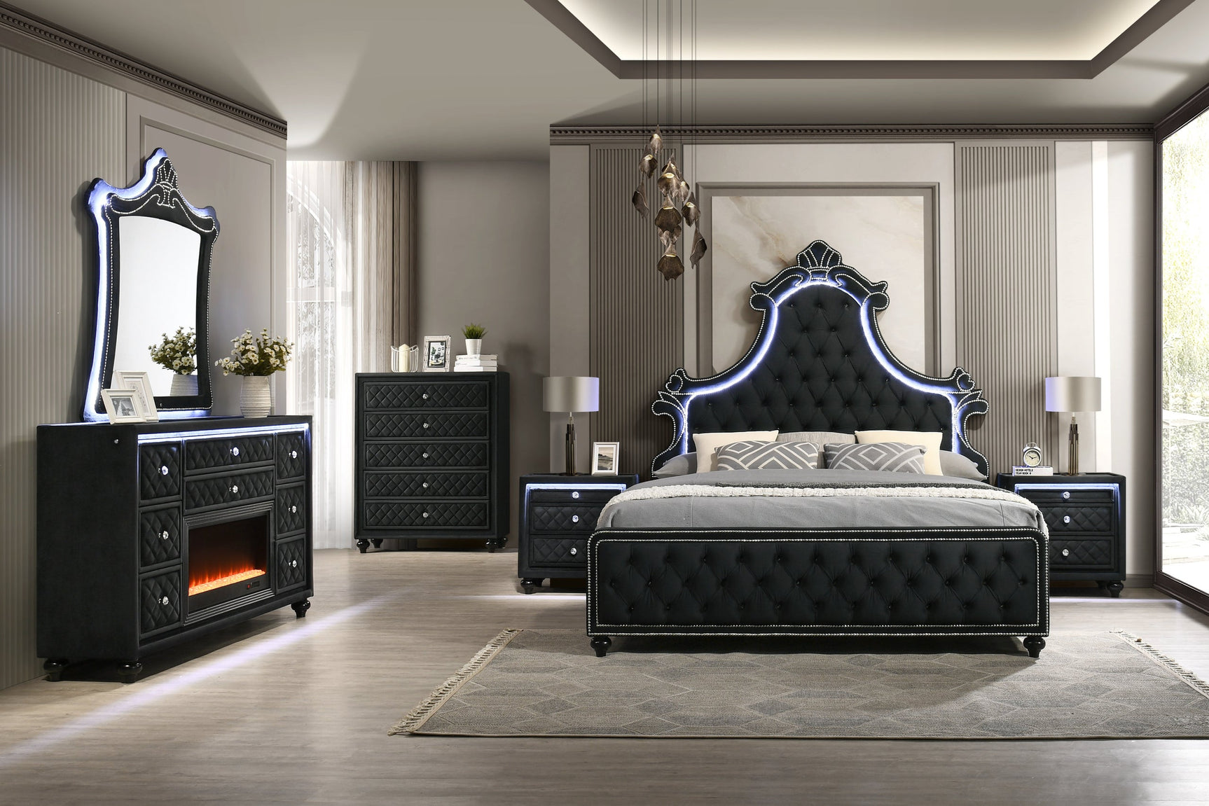 Majesty Black Upholstered Tufted LED Panel Bedroom Set