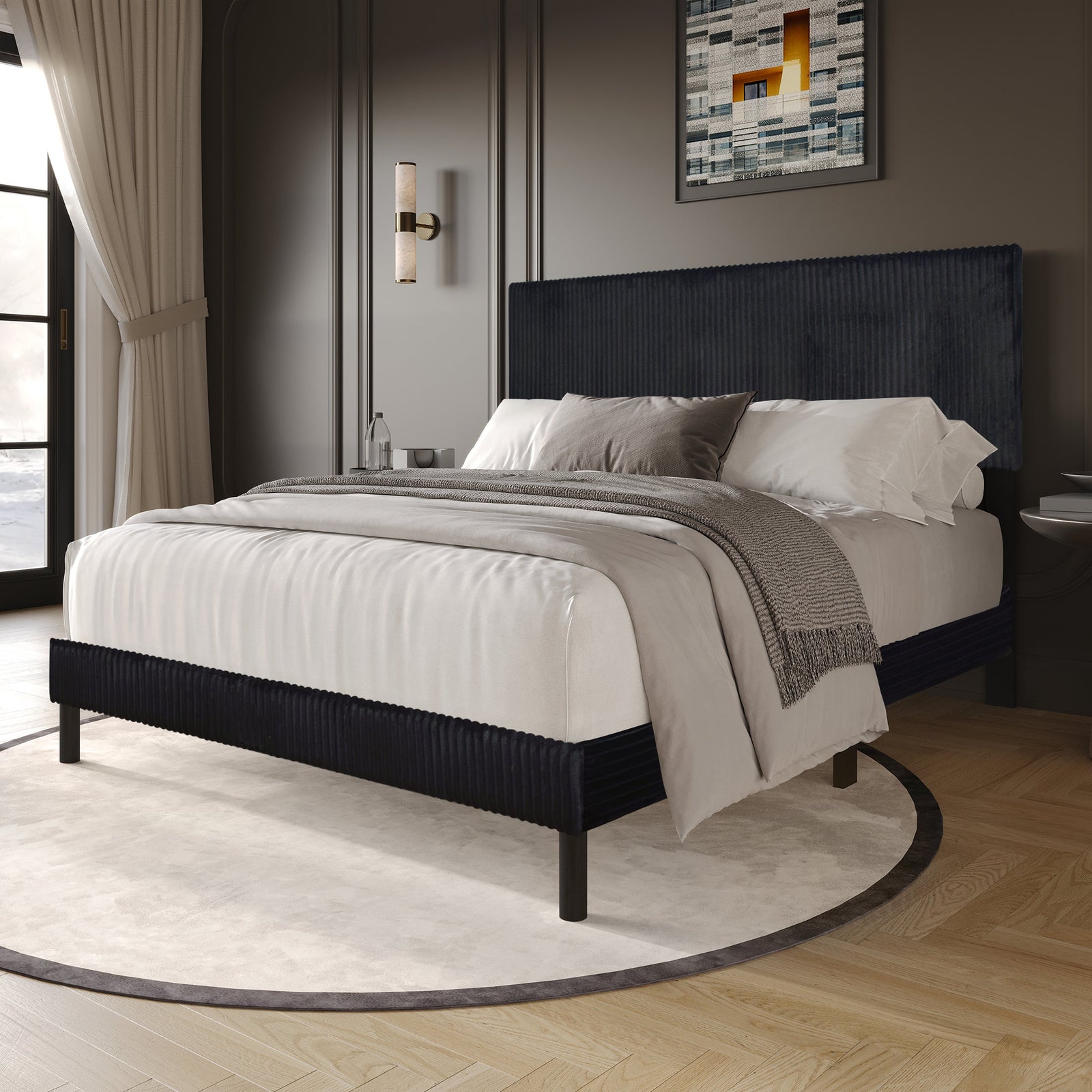 Helen Black Cord Fabric Platform Queen Bed