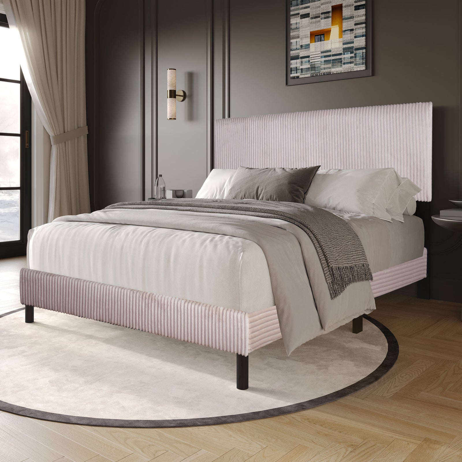 Helen Beige Cord Fabric Platform Twin Bed