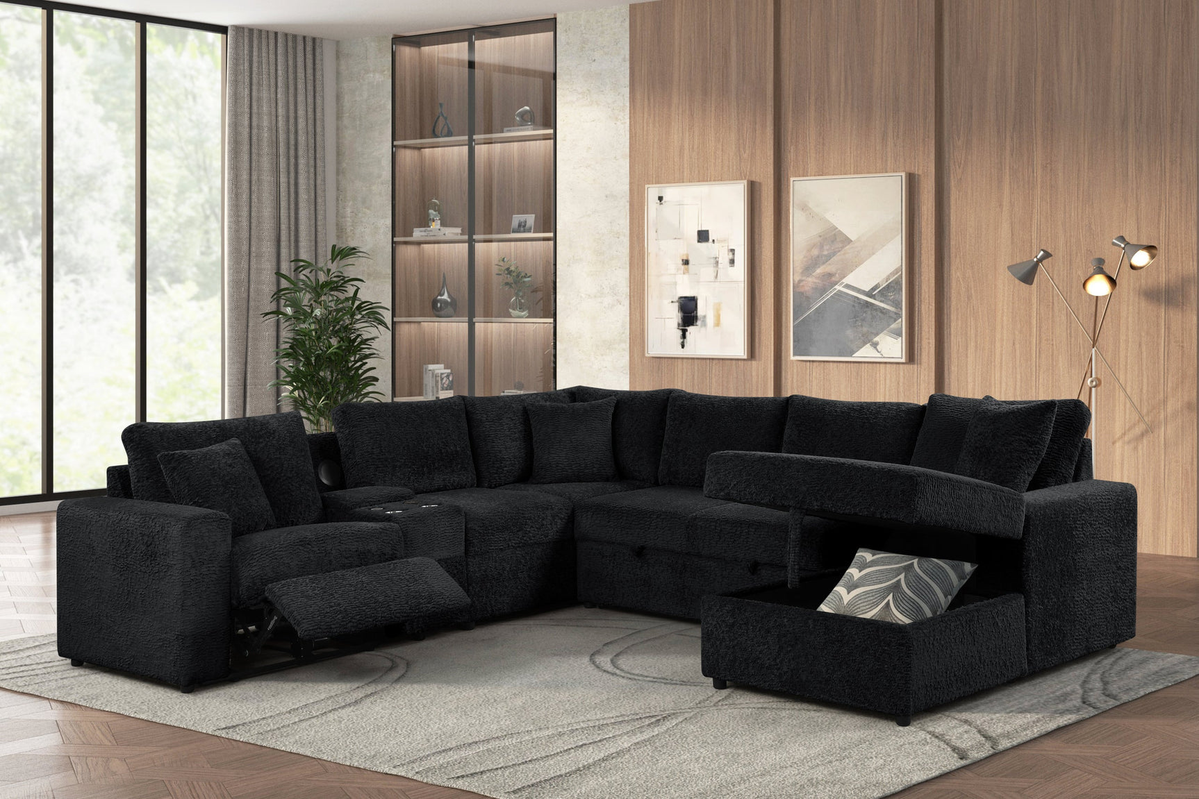 Hunter Black Sectional w Bluetooth Speaker & Pull-Out Bed