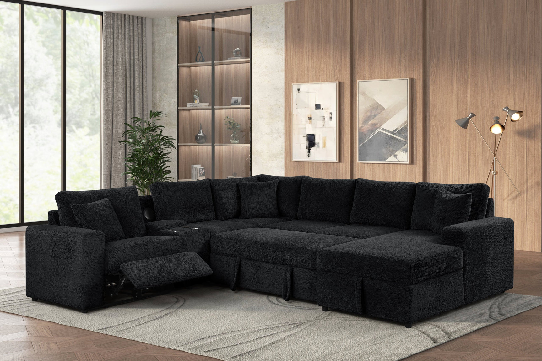 Hunter Black Sectional w Bluetooth Speaker & Pull-Out Bed