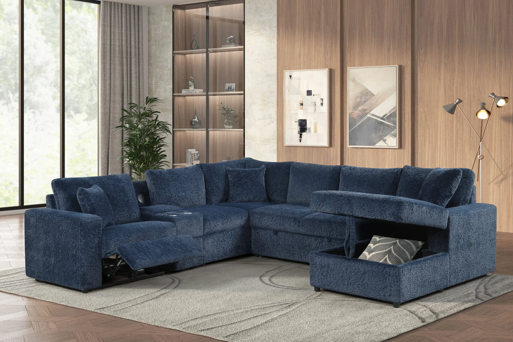 Hunter Blue Sectional w Bluetooth Speaker & Pull-Out Bed