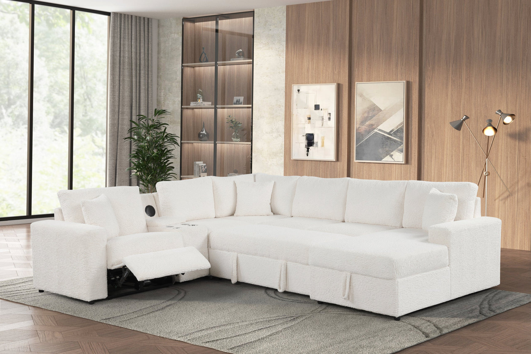 Hunter White Sectional w Bluetooth Speaker & Pull-Out Bed