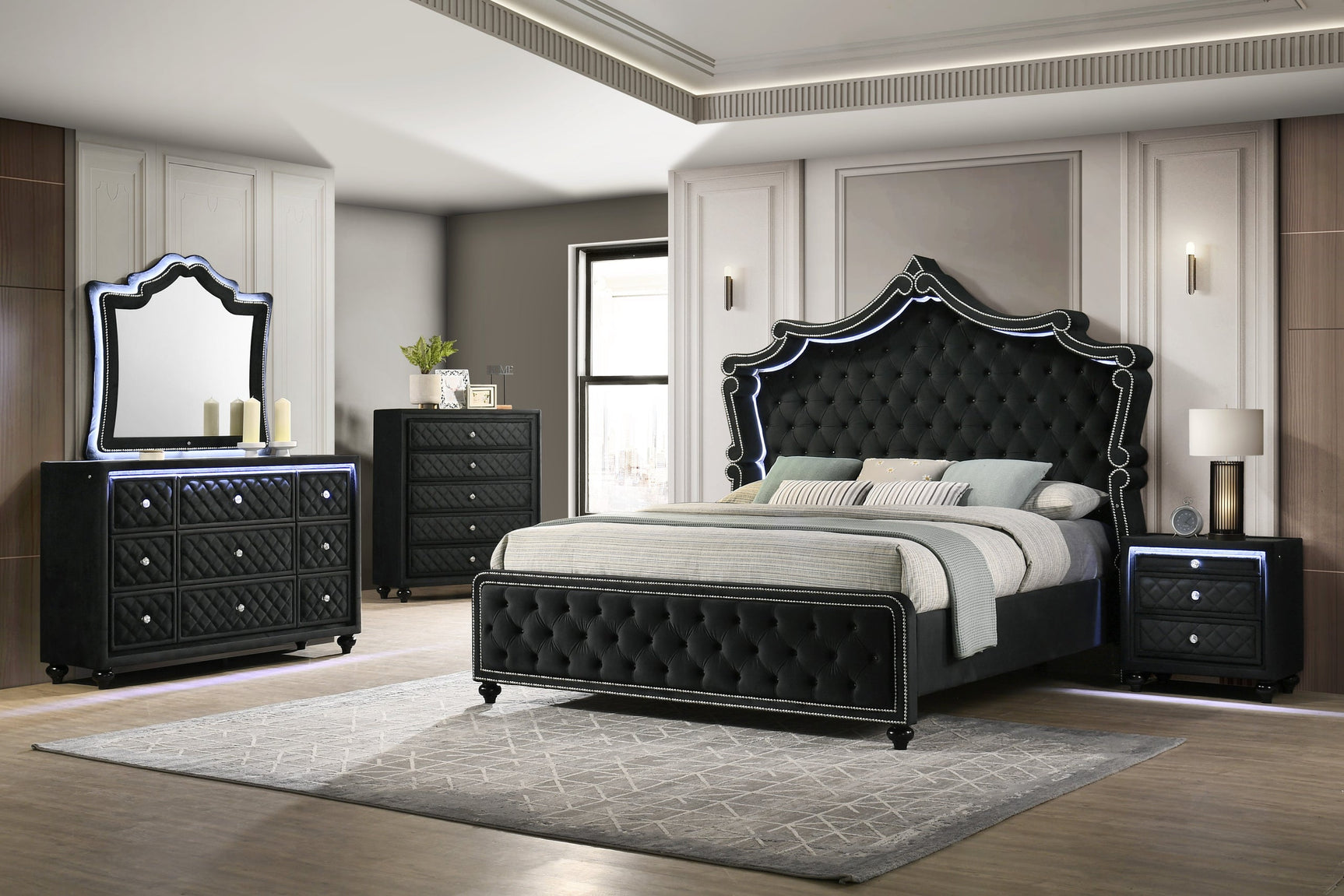 KKingdom Black LED Upholstered Tufted Panel Bedroom Set