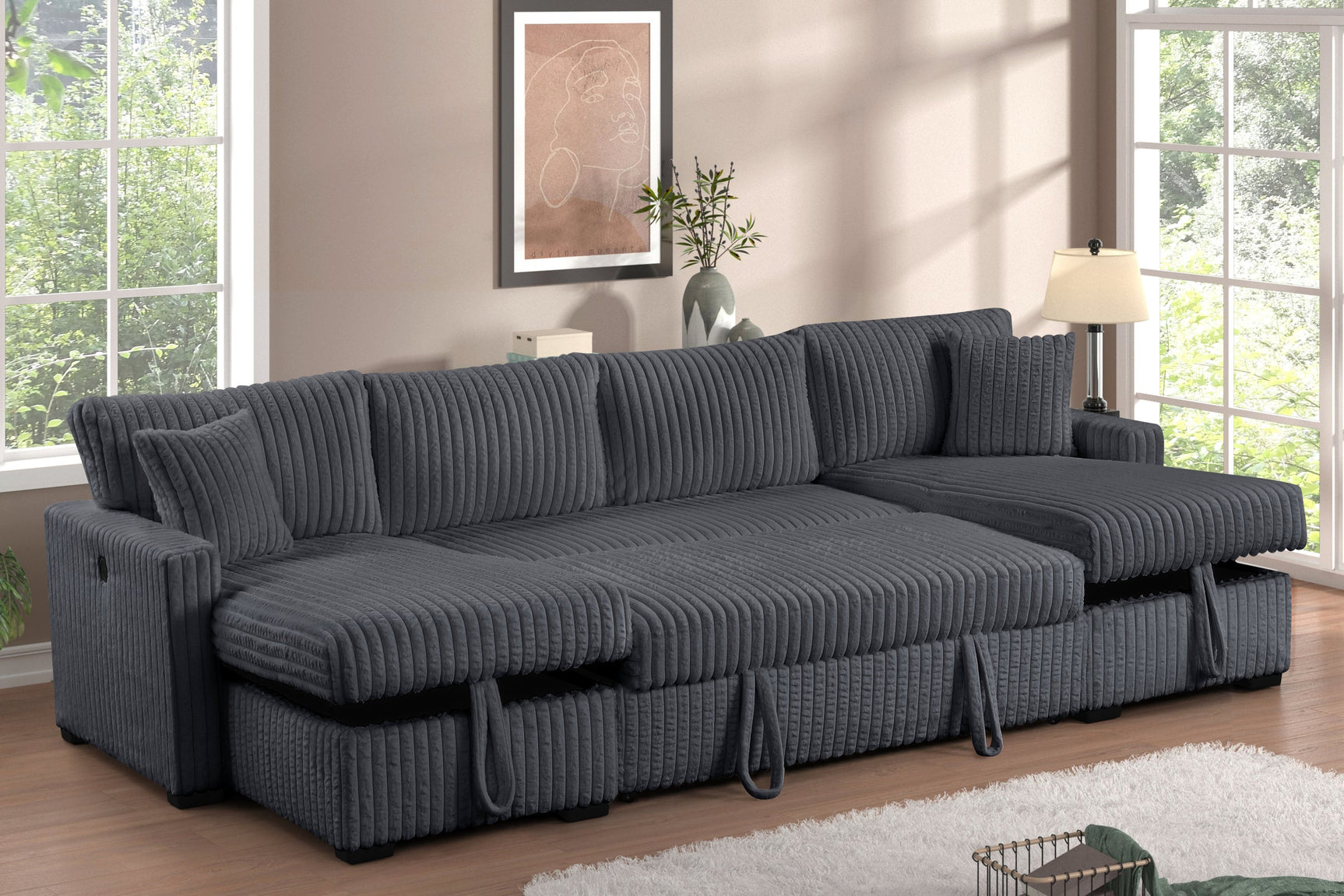 July Charcoal Double Storage Chaise Sectional w Pull Out Bed