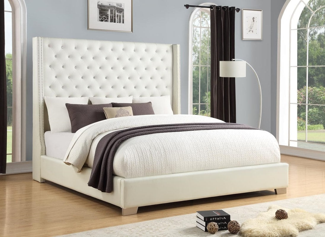 White Faux Leather Upholstered Tufted 6Ft Diamond Queen Bed