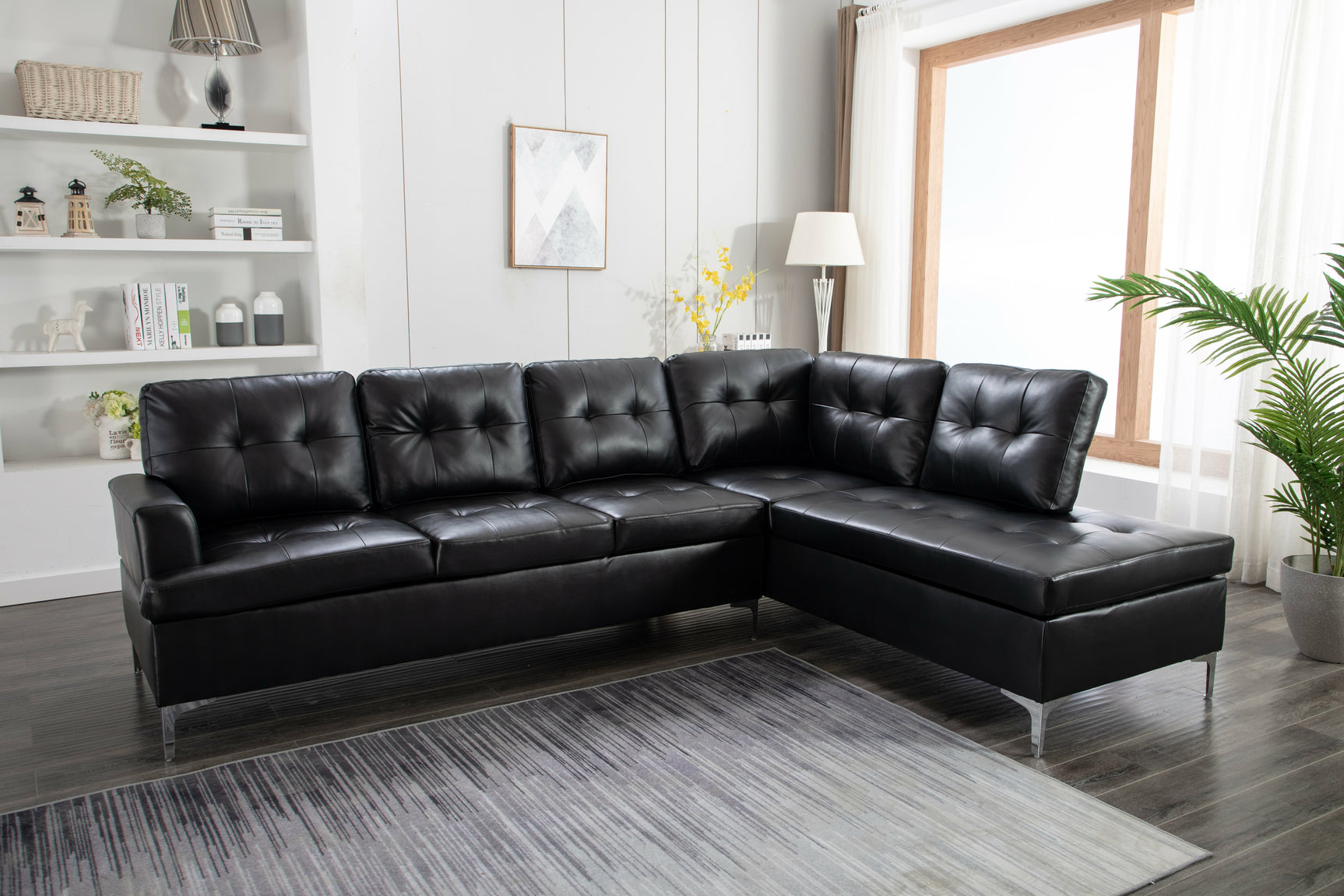 Vintage Black Faux Leather Tufted Sectional