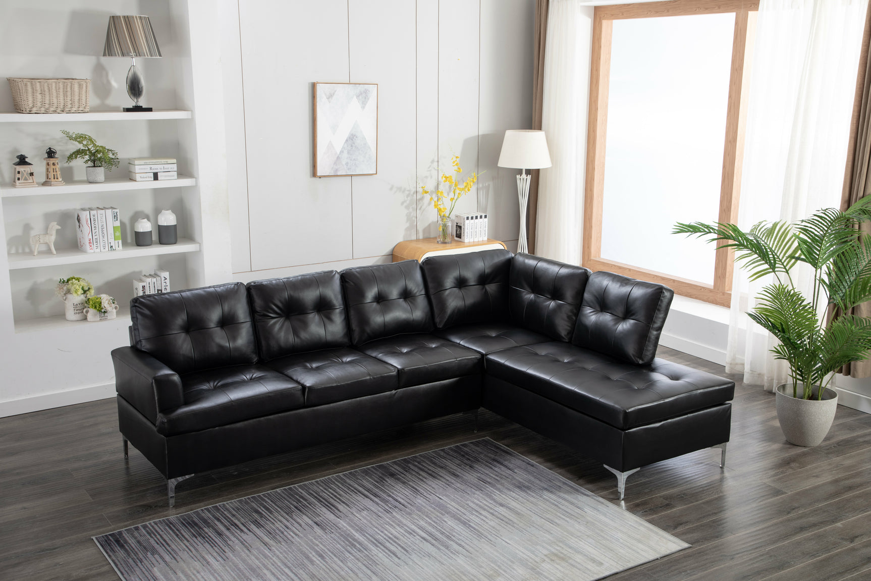 Vintage Black Faux Leather Tufted Sectional