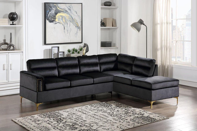 Vogue Black Modern Contemporary Solid Wood Gold Metal Legs Velvet Upholstered Sectional - Ella Furniture