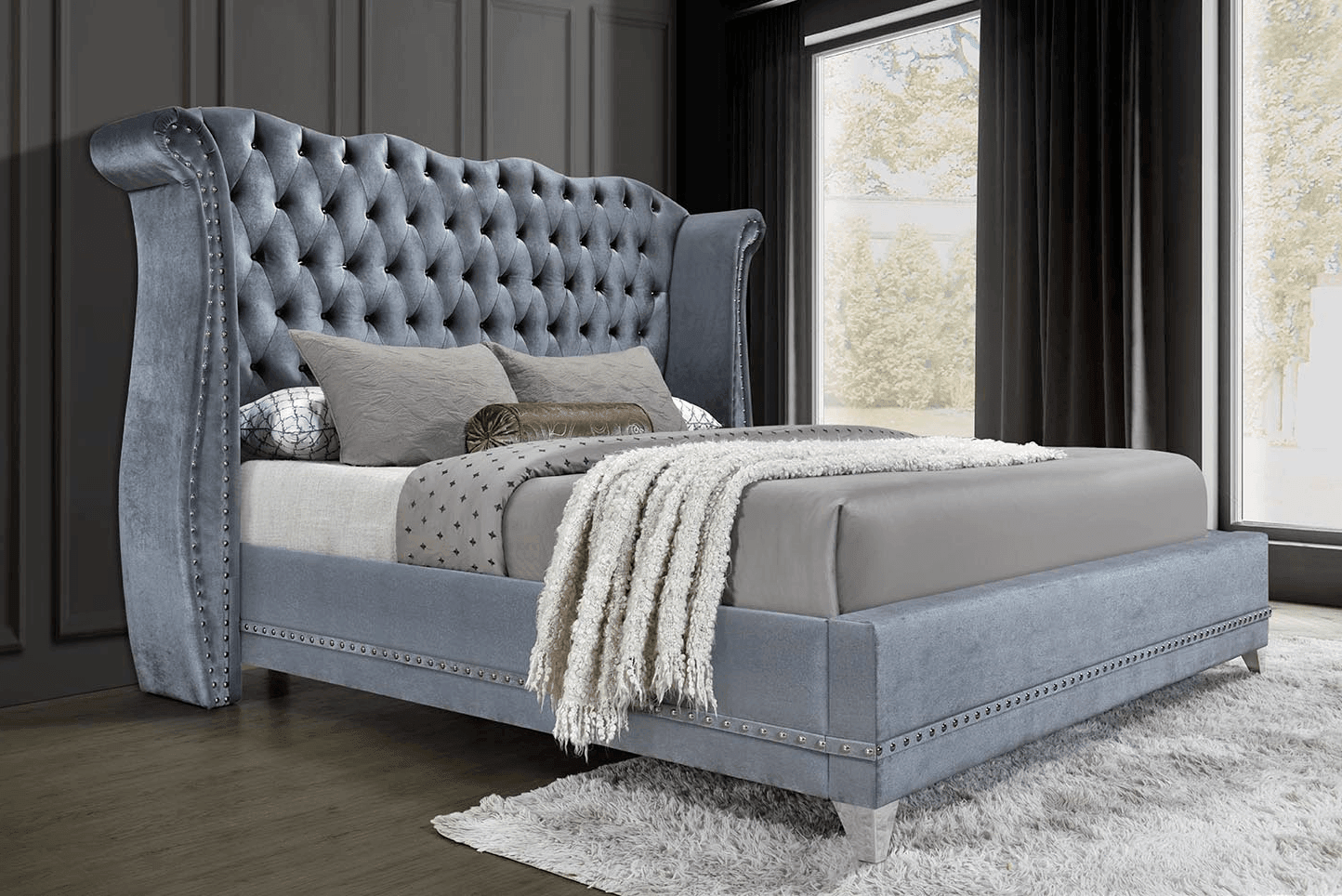 Luxor Grey Contemporary Solid Wood Velvet Upholstered Tufted Diamond Platform Queen Bed - Ella Furniture