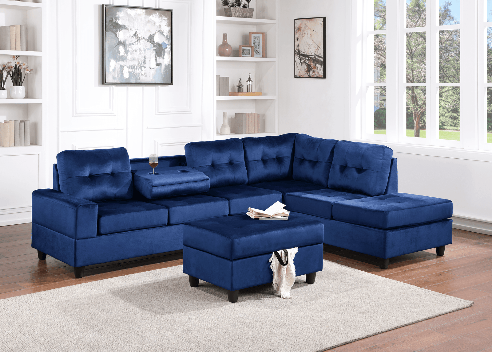22Heights Blue Modern Velvet Upholstered Tufted Reversible Sectional Storage Ottoman - Ella Furniture