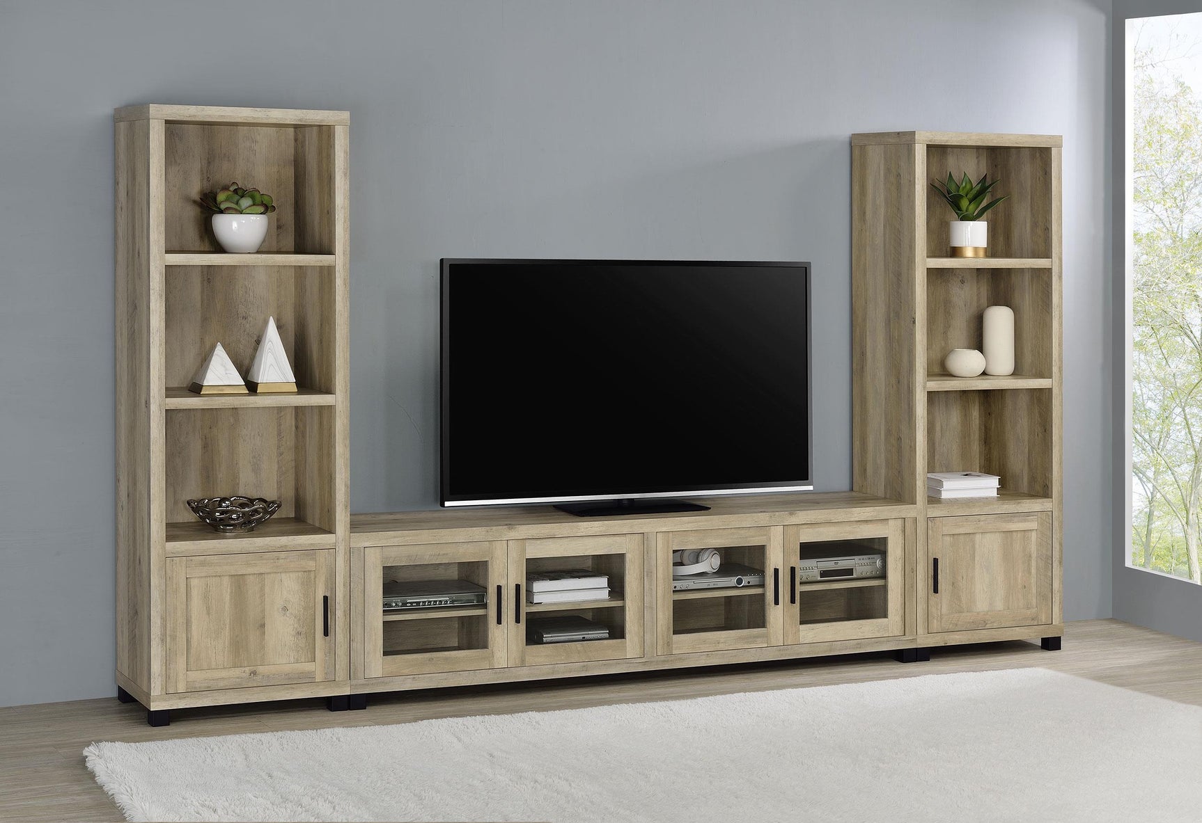 SACHIN Sachin 3-piece 79" TV Entertainment Center Antique Pine 736283-SET - Ella Furniture