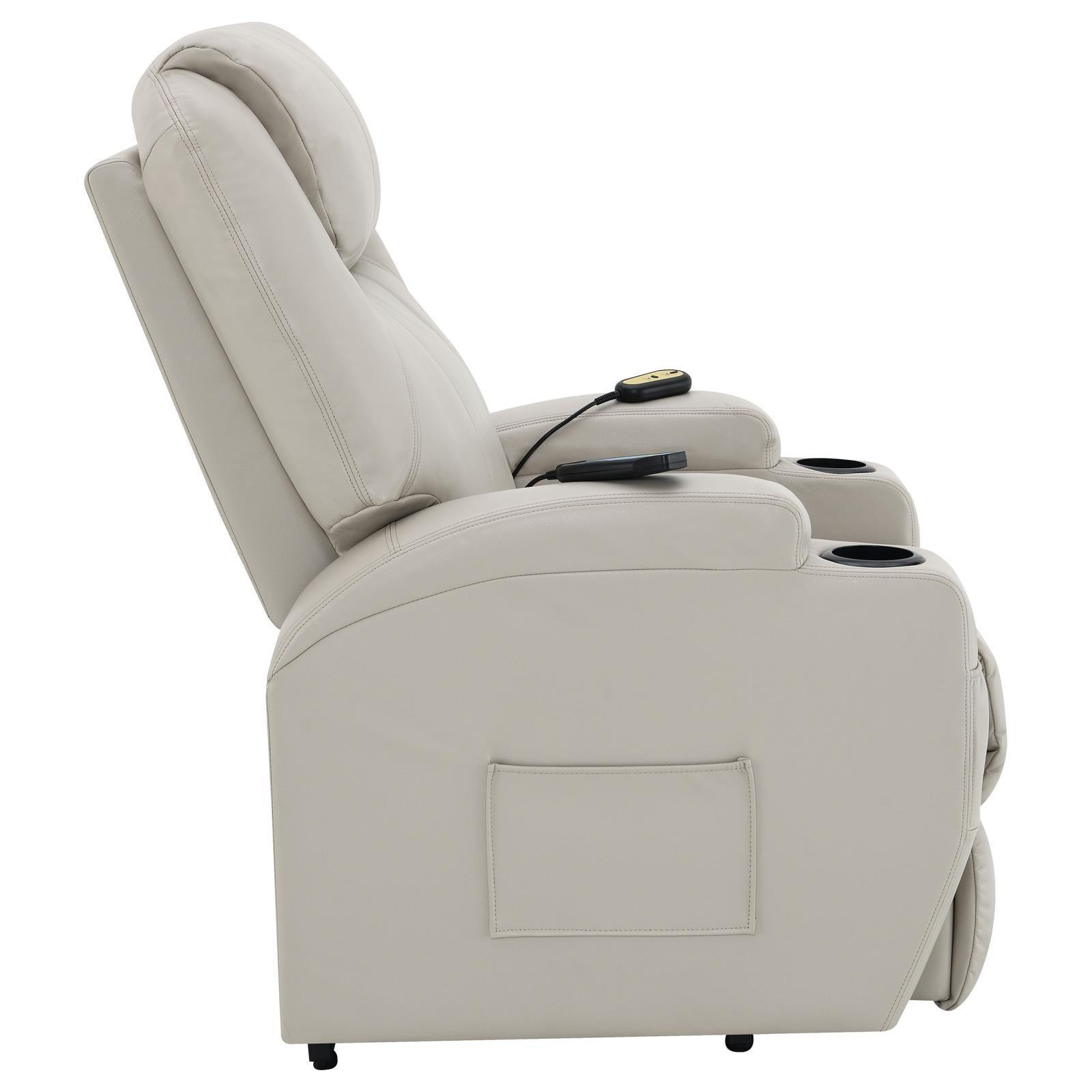 Sanger Upholstered Power Lift Recliner Chair With Massage Champagne 600497P - Ella Furniture