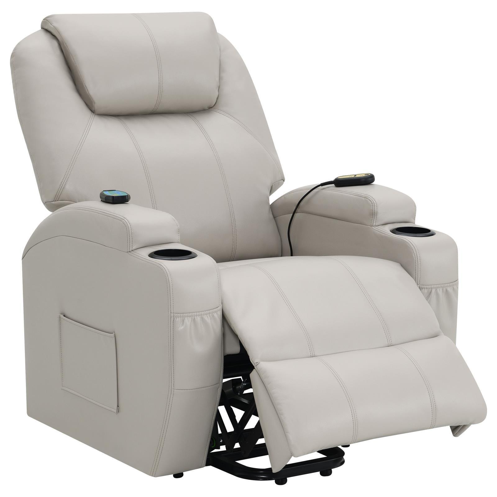 Sanger Upholstered Power Lift Recliner Chair With Massage Champagne 600497P - Ella Furniture