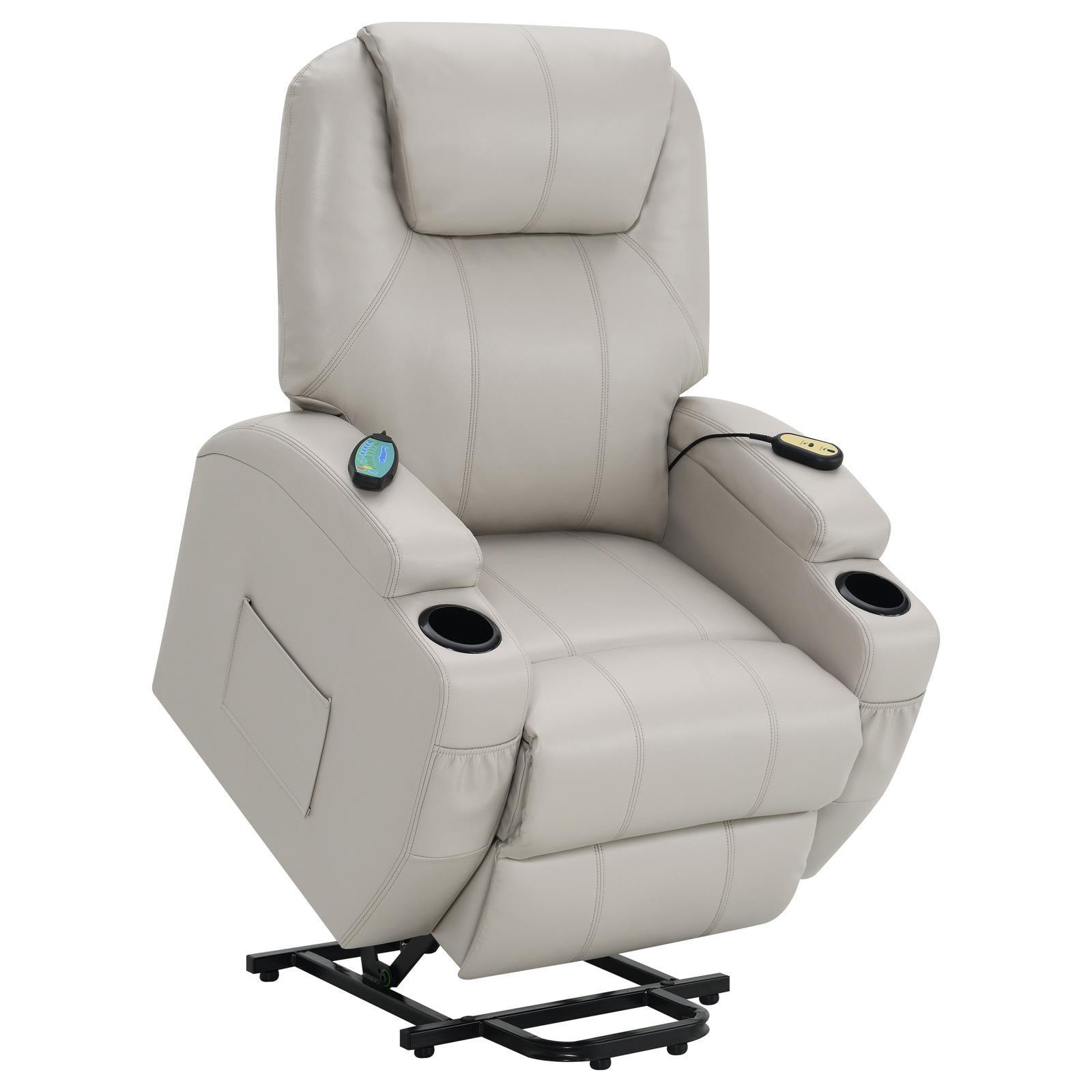 Sanger Upholstered Power Lift Recliner Chair With Massage Champagne 600497P - Ella Furniture