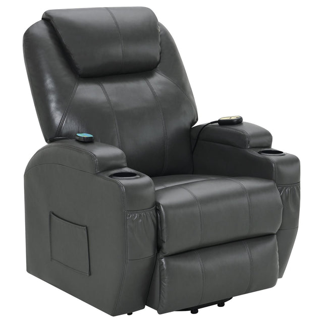 Sanger Upholstered Power Lift Recliner Chair With Massage Charcoal Grey 600498P - Ella Furniture