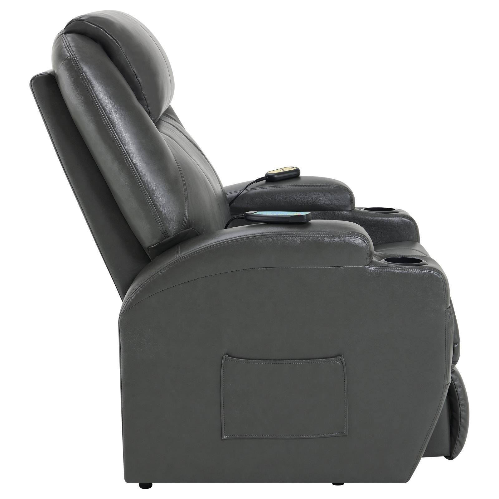 Sanger Upholstered Power Lift Recliner Chair With Massage Charcoal Grey 600498P - Ella Furniture