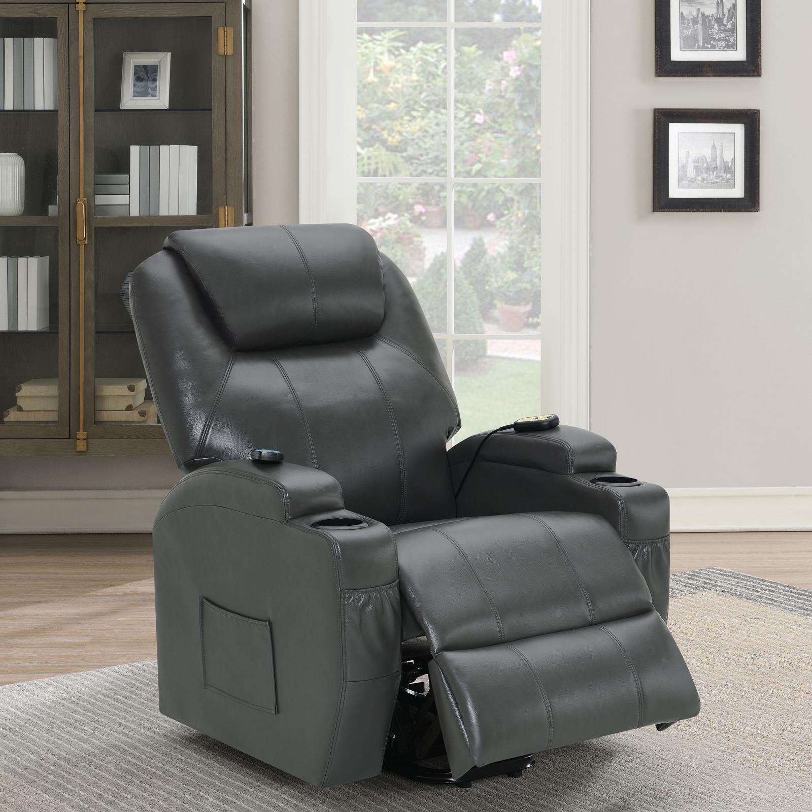 Sanger Upholstered Power Lift Recliner Chair With Massage Charcoal Grey 600498P - Ella Furniture