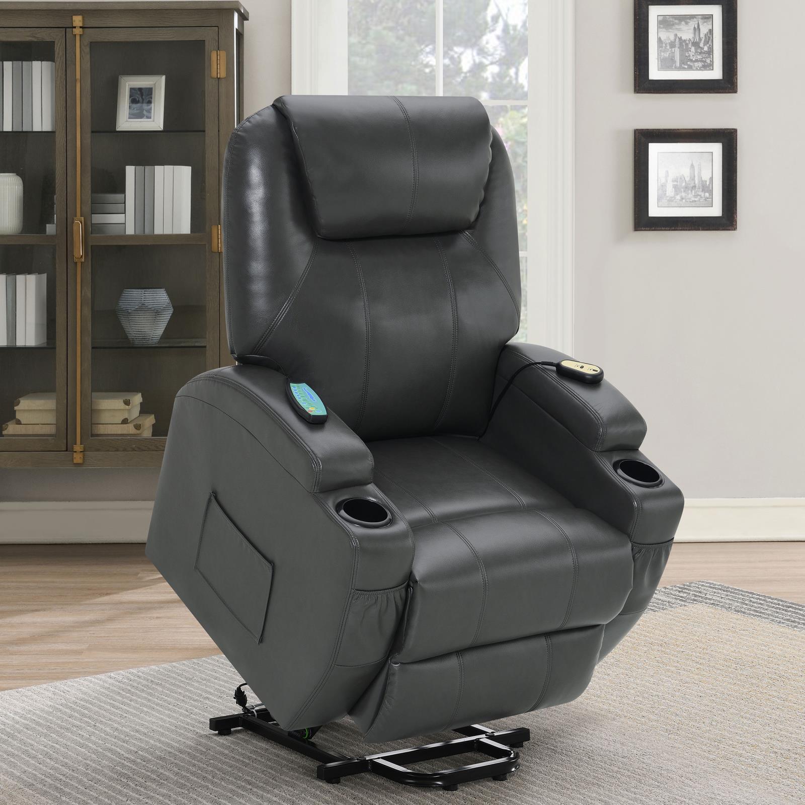 Sanger Upholstered Power Lift Recliner Chair With Massage Charcoal Grey 600498P - Ella Furniture