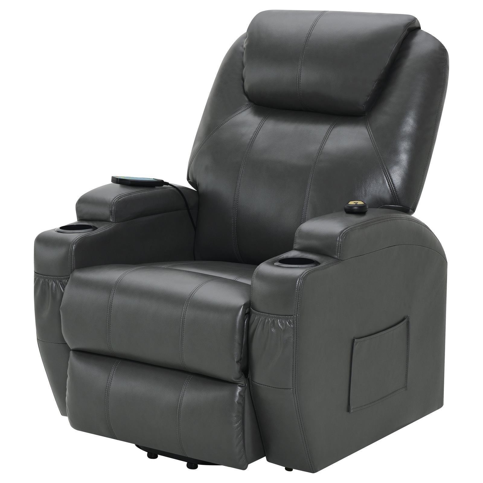 Sanger Upholstered Power Lift Recliner Chair With Massage Charcoal Grey 600498P - Ella Furniture