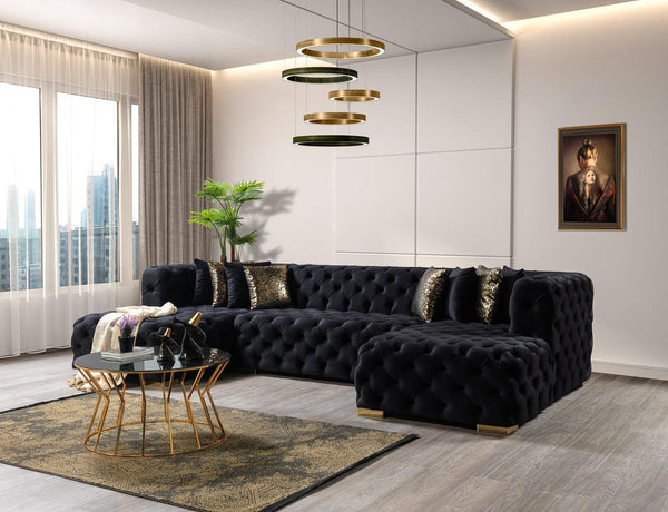 Seva Black Velvet Double Chaise Sectional - Ella Furniture