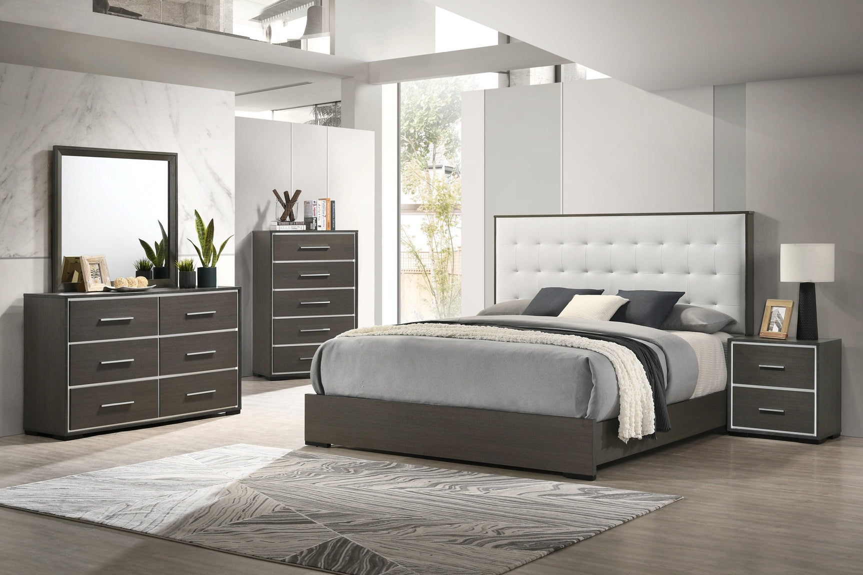 Sharpe Gray/White Modern Solid Wood And Veneers Fabric Upholstered Tufted Twin Bed - Ella Furniture